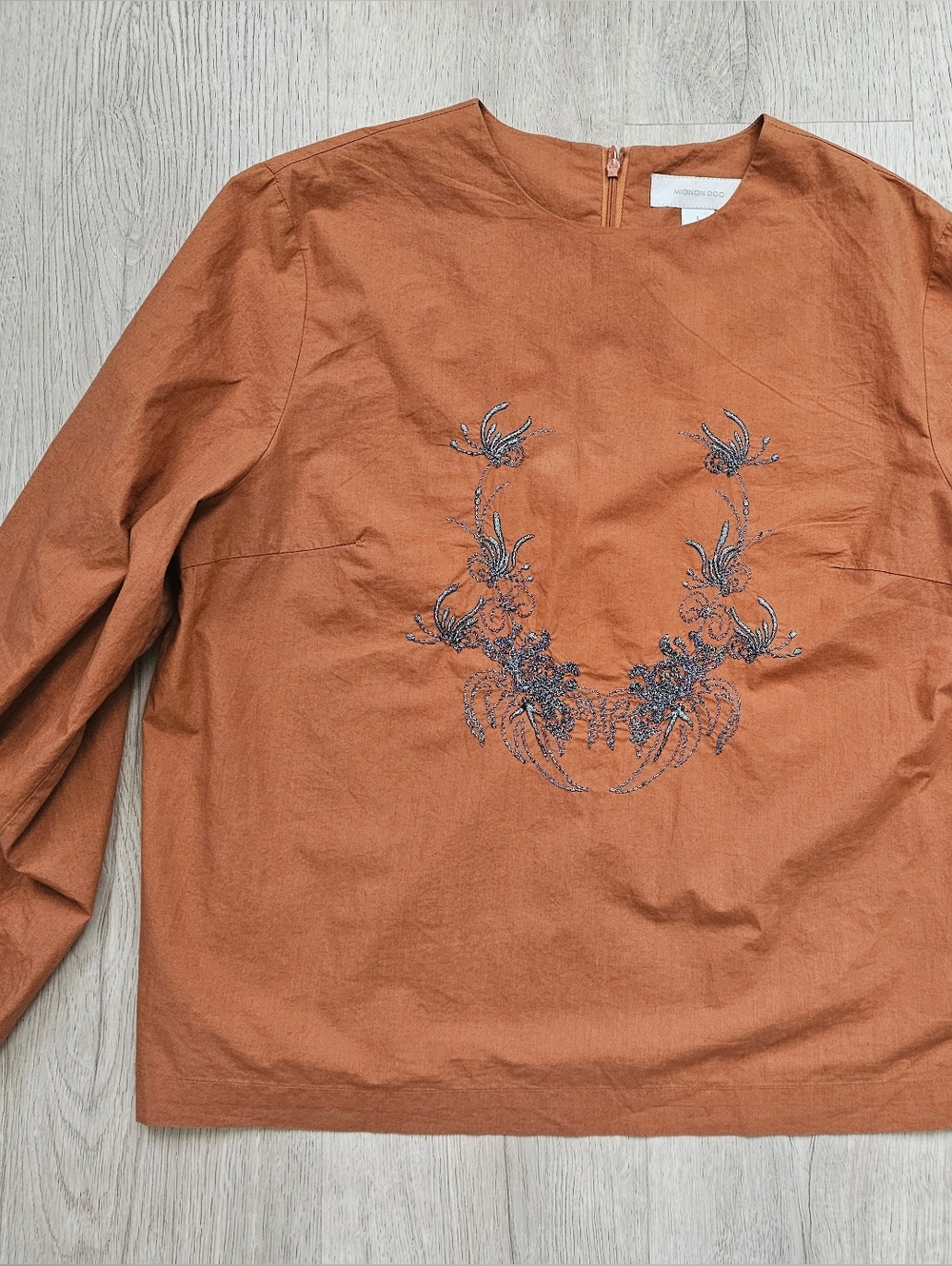Anthropologie Mignon Doo Embroidered Rust Orange Long Sleeve Top Large